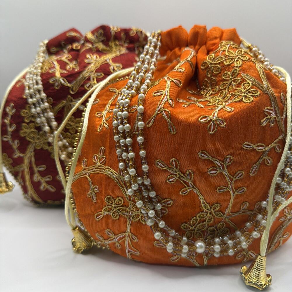 2 Indian PursesI Batwa I Potli Bag I Orange & Red I Made in India Weddings - Picture 2 of 16